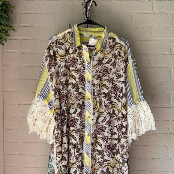 FREE PEOPLE shirt Duster large Watching Waves Maxi Aquamarine Combo NEW - Picture 4 of 15